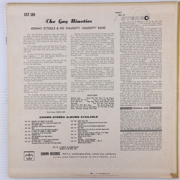 Johnny O'Toole & His Naughty Band, The Gay 90's 1958 LP Record CST 109 Red Vinyl - Picture 2 of 16